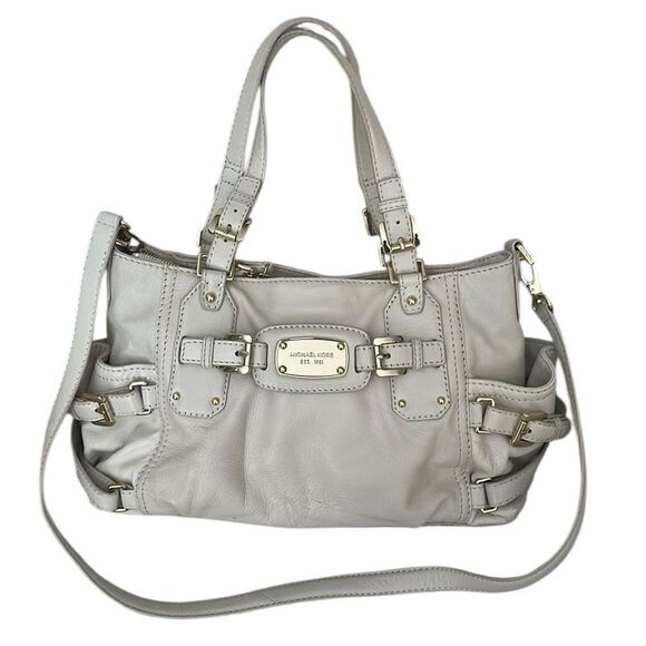 Michael Kors Astor Satchel Gray Leather Shoulder Crossbody Bag Gold Buckles - Picture 1 of 16